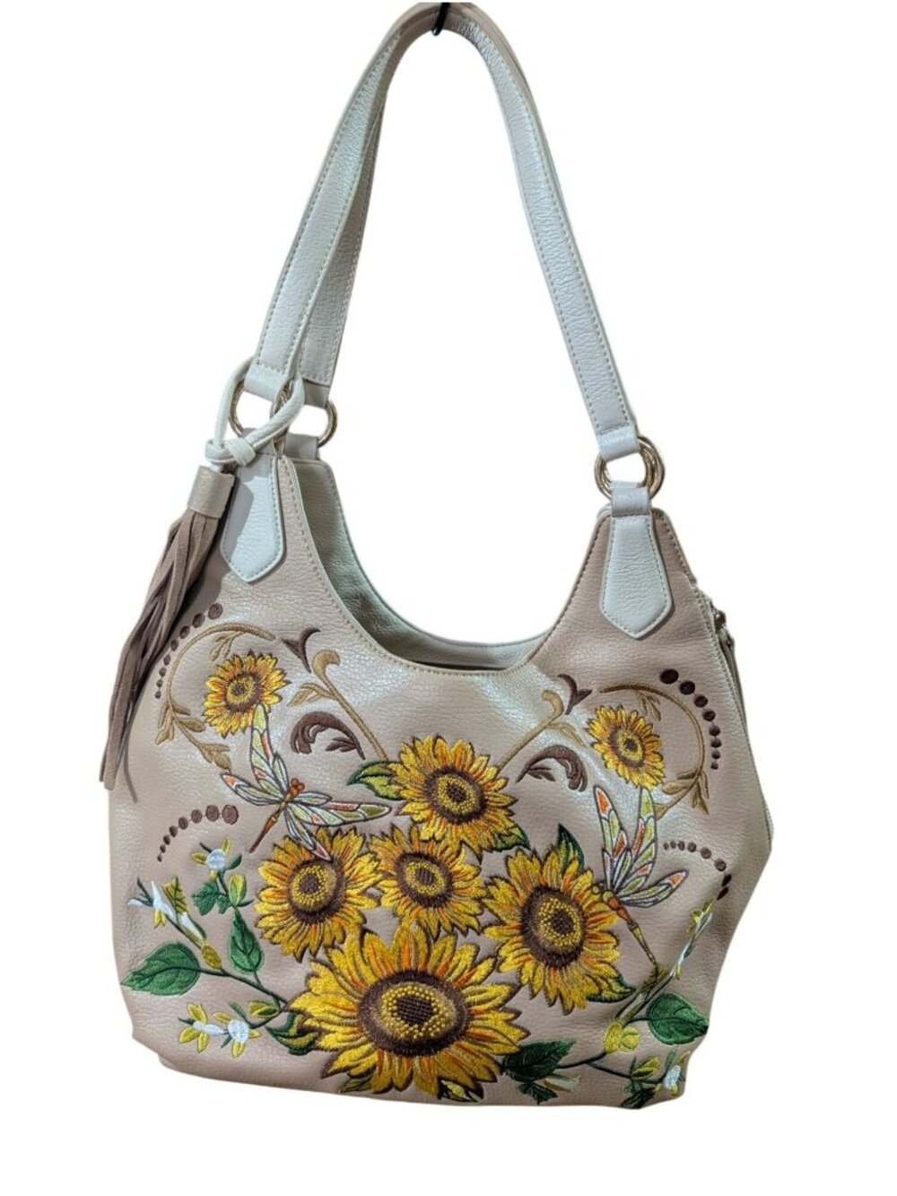 Sharif Sunflower Embroidered Beige Leather Shoulder Bag Purse w/ Wristlet